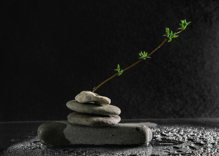 Minimalist arrangement of smooth stones in cold water
